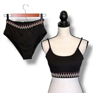Black Bikini Set with Colorful Zigzag Trim High Rise Size Large
